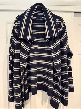 Lands' End Navy and White Striped Shawl Collar Cardigan
